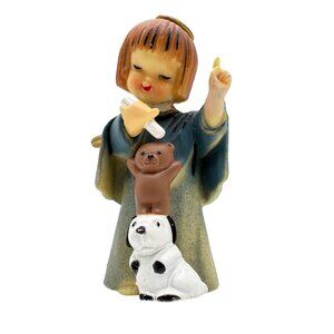 Vintage Angel Figurine With Dog & Bear 3" - Plastic Collectible Christmas